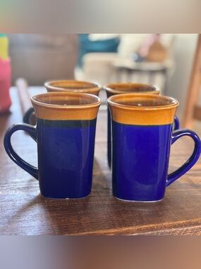 Royal Norfolk Square 2-Tone Stoneware Coffee Mugs cobalt blue and tan Set of 4